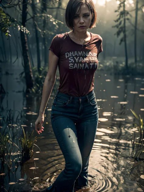 (Wide flares on jeans:1.1), (soaked in water), (Best Quality,hight resolution,bokeh:1.2),The woman,Pronounced wrinkles,Bob hairc...