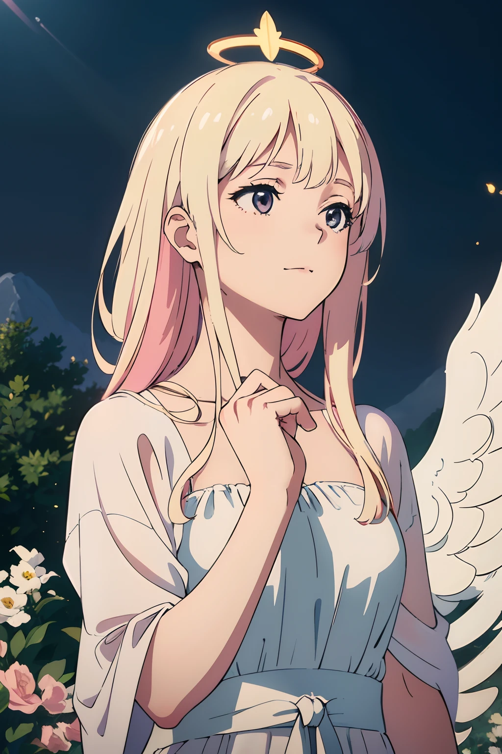 (best quality,4k,8k,highres,masterpiece:1.2),ultra-detailed,(realistic,photorealistic,photo-realistic:1.37),angelic,beautiful detailed wings,colorful celestial light and stars,ethereal moonlit garden,heavenly figure,sparkling halo,gentle smile,flowing white gown,peaceful expression,soft and serene atmosphere,faint mist and soft glow,vivid colors,soft pastel colors,dreamlike,ethereal,half moon,peaceful,golden light,delicate complexion,carefully crafted details,graceful pose,silky hair flowing in the breeze,majestic celestial scenery,surreal beauty,harmony with nature,detailed textures,subtle shadows,sublime scenery,supernatural grace,divine presence,mystical allure,ethereal charm,heavenly messenger