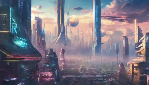 cyber punk perssonage、Cidade futuristica、planet earth、Skyscrapers piercing clouds cyberpunk.ＳＦart by、Utopian city、megacity、Dream、top-quality、tmasterpiece、Beautiful futuristic city