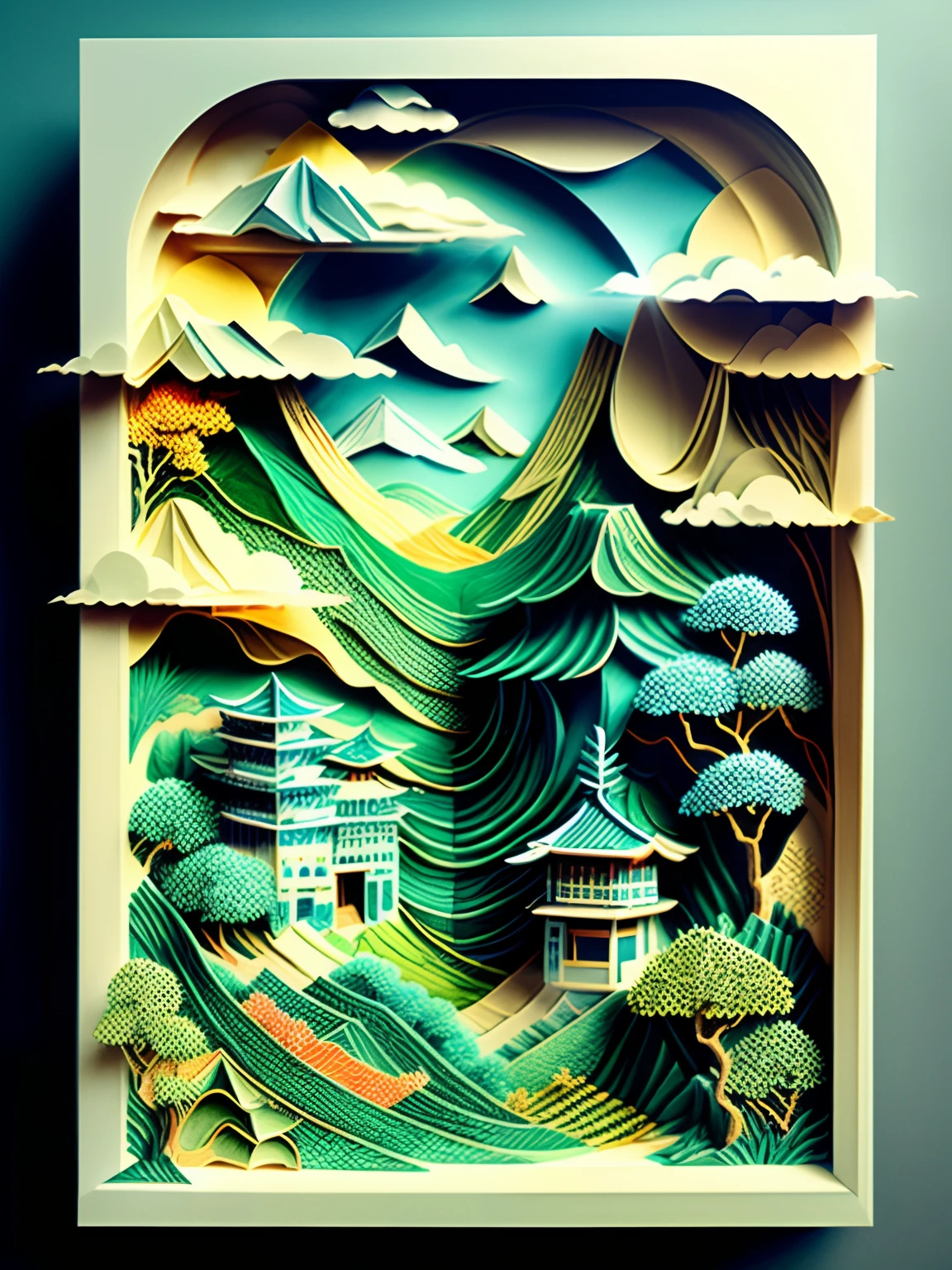 (masutepiece), (Best quality),paper art，with blue sky and white clouds，Green Mountains and Green Water，terraced、Geometric pattern background、disarray、paper cut out:1.8