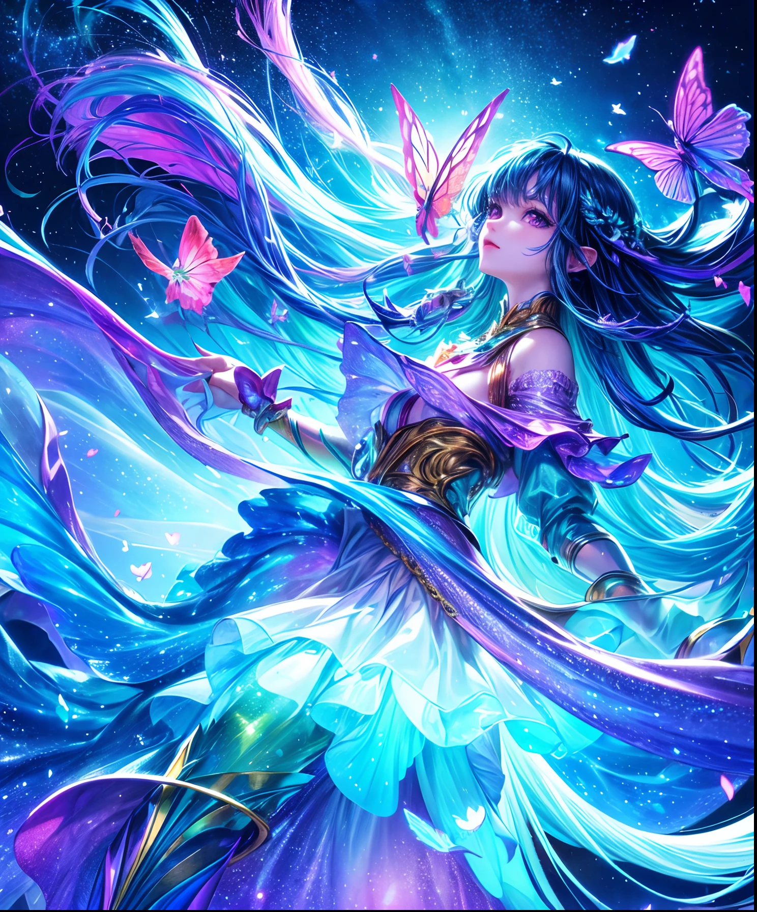 Cute iridescent round monster in space、Iridescent grass々Drawing a butterfly flying over the water, Looking up at the starry sky. Surround her with colorful nebulae and colorful forests.