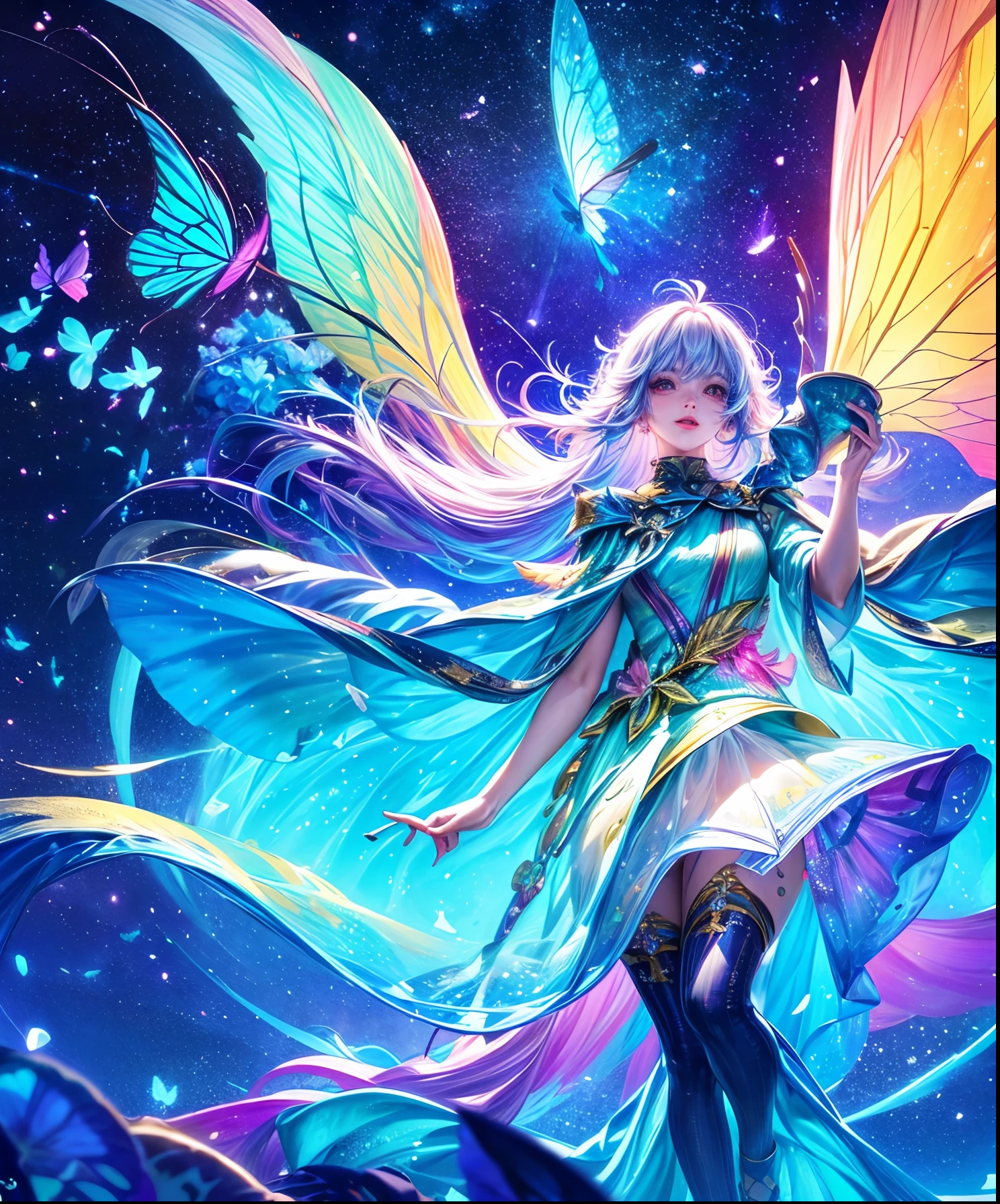 Cute iridescent round monster in space、Iridescent grass々Drawing a butterfly flying over the water, Looking up at the starry sky. Surround her with colorful nebulae and colorful forests.