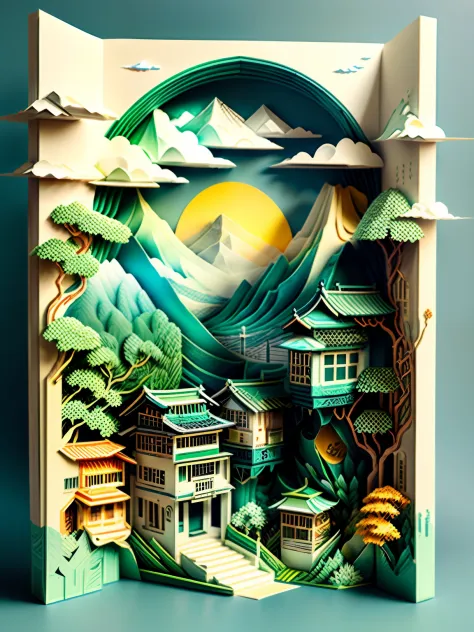 (masutepiece), (best quality),paper art，with blue sky and white clouds，green mountains and green water，terraced、geometric patter...