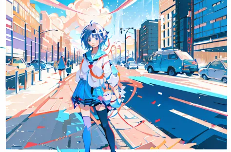 anime girl with blue hair and purple eyes standing on the street, anime moe artstyle, anime visual of a cute girl, rin, kuvshino...