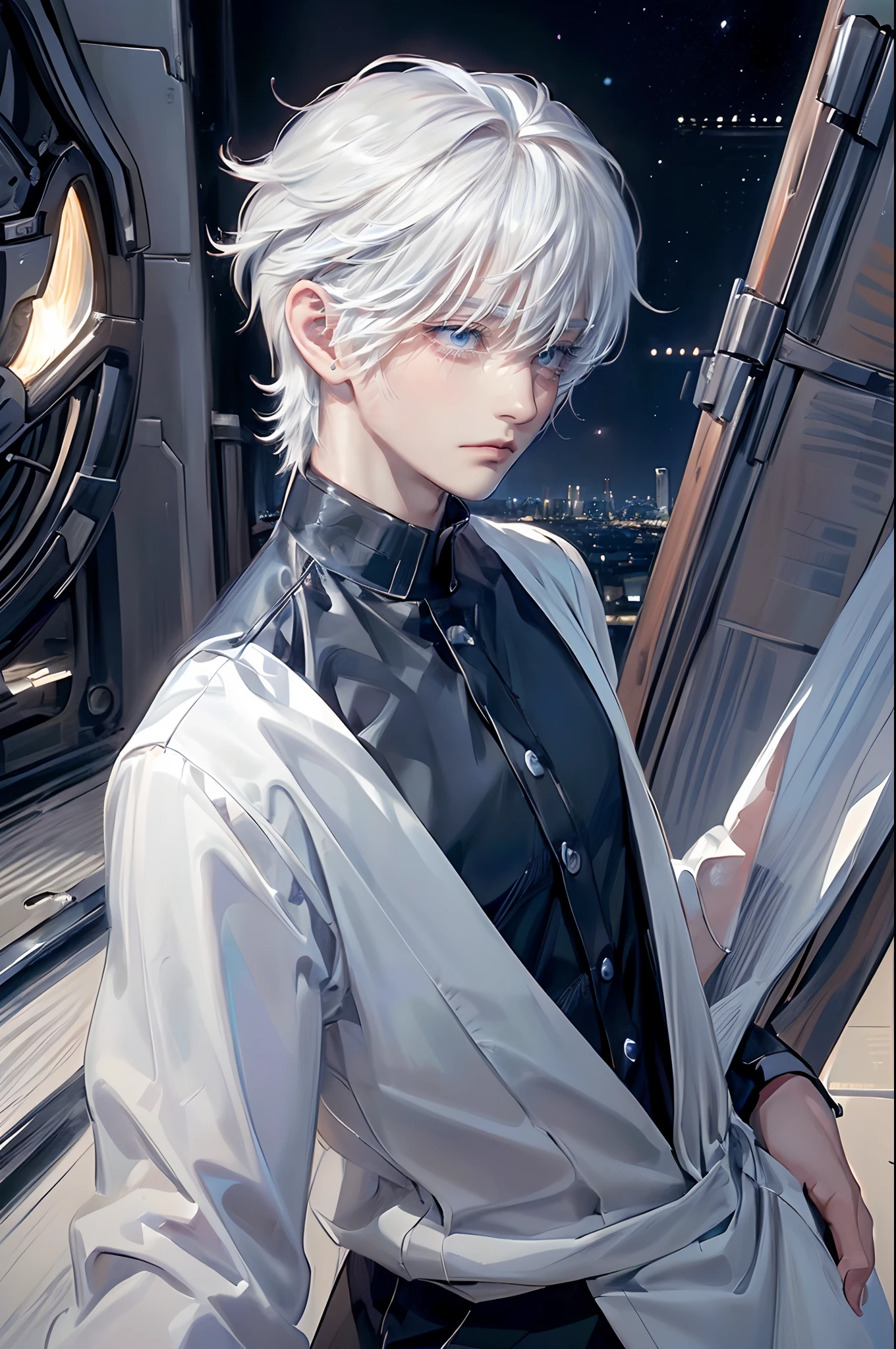 ((4K works))、​masterpiece、(top-quality)、One beautiful boy、Slim body、tall、((Black Y-shirt and white pants、Charming British knight style))、Please wear one jacket、(Detailed beautiful eyes)、Fantastic Night City、((City under the stars))、Fantastic city at midnight、((Face similar to Carly Rae Jepsen))、((Short-haired white hair))、((Smaller face))、((Neutral face))、((Bright blue eyes))、((American adult male))、((Adult male 26 years old))、((Cool Men))、((Like a celebrity))、((Crying expression))、((sad look))、((Korean Makeup))、((elongated and sharp eyes))、((Happy dating))、((boyish))、((Upper body photography))、Professional Photos、((Shot alone))、((She is looking up at the sky under the roof))、((Shot from the side))、((Crying profile))、((Face crying in pain))、((He is looking upwards))、((His eyes are looking down))、((He stands next to the viewer))、((He who cries))、I'm crying on a stick.、Man crying while standing、Solitude、saddened、desolate、suffocating、heartbreaking、auw、agony、Tears dripping on the cheeks