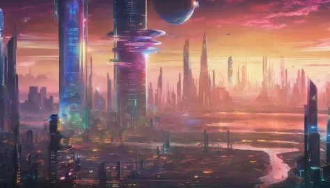 cyber punk perssonage、Cidade futuristica、planet earth、Skyscrapers piercing clouds cyberpunk.ＳＦart by、Utopian city、megacity、Dream、top-quality、tmasterpiece、Beautiful futuristic city