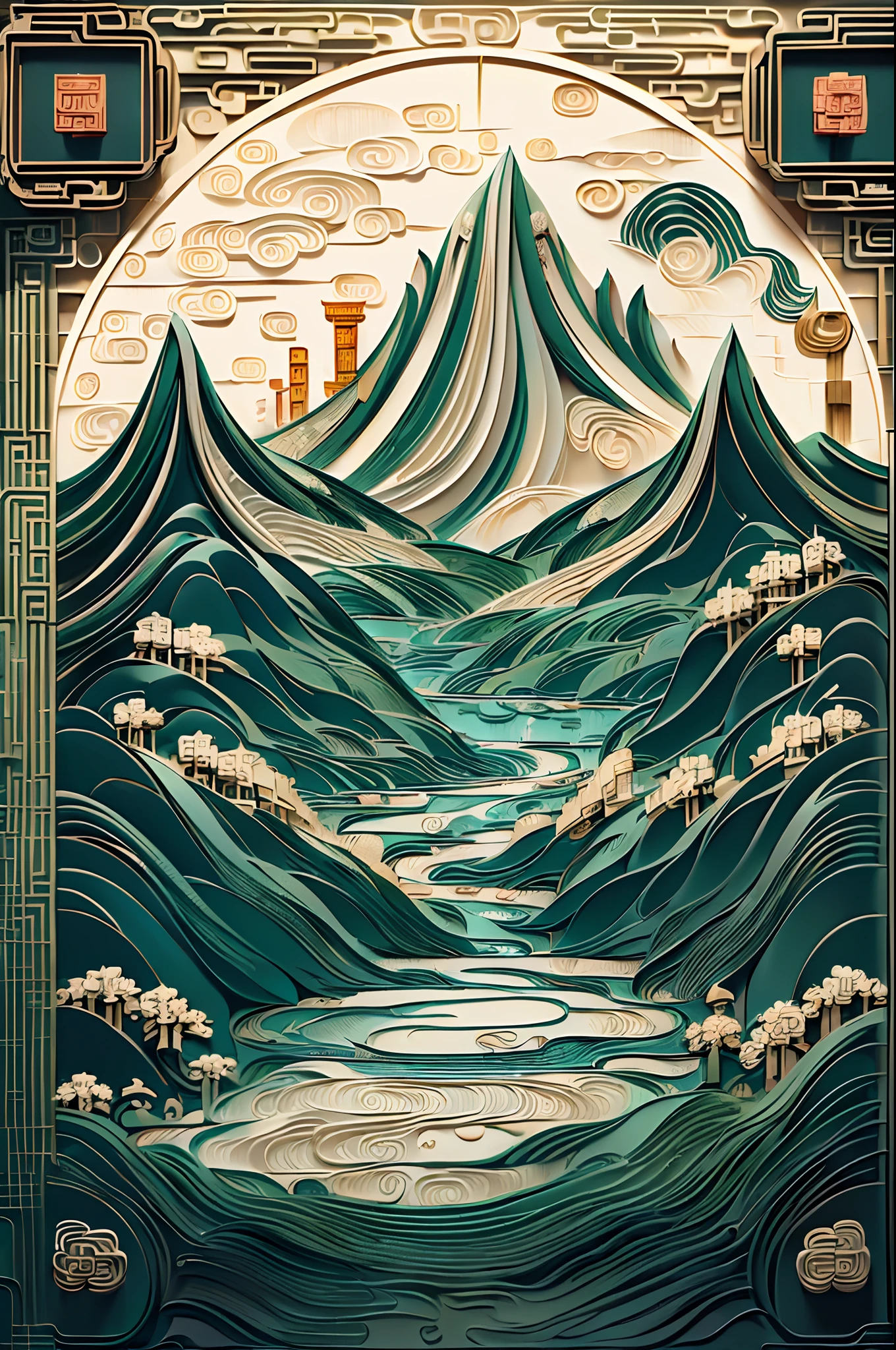 (Ancient Chinese landscapes:1.4)，(illustration:1.3，paper art:1.3, Quilted paper art:1.2),( reasonable design, Clear lines,Best quality, Masterpiece, movie light effect, 4K )