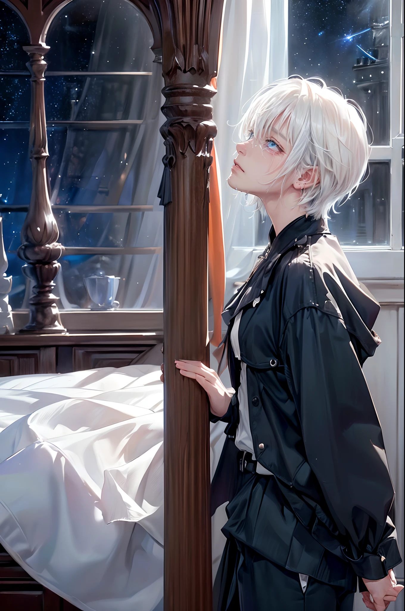 ((4K works))、​masterpiece、(top-quality)、One beautiful boy、Slim body、tall、((Black Y-shirt and white pants、Charming British knight style))、Please wear one jacket、(Detailed beautiful eyes)、Fantastic Night、((You can see the starry sky from the window))、Fantastic room at midnight、((Face similar to Carly Rae Jepsen))、((Short-haired white hair))、((Smaller face))、((Neutral face))、((Bright blue eyes))、((American adult male))、((Adult male 26 years old))、((Cool Men))、((Like a celebrity))、((Crying expression))、((sad look))、((Korean Makeup))、((elongated and sharp eyes))、((Happy dating))、((boyish))、((Upper body photography))、Professional Photos、((Shot alone))、((She is looking up at the sky under the roof))、((Shot from the side))、((Crying profile))、((Face crying in pain))、((He is looking upwards))、((His eyes are looking down))、((He stands in the corner of the room))、((He who cries))、I'm crying on a stick.、Man crying while standing、Solitude、saddened、desolate、suffocating、heartbreaking、auw、agony、Tears dripping on the cheeks