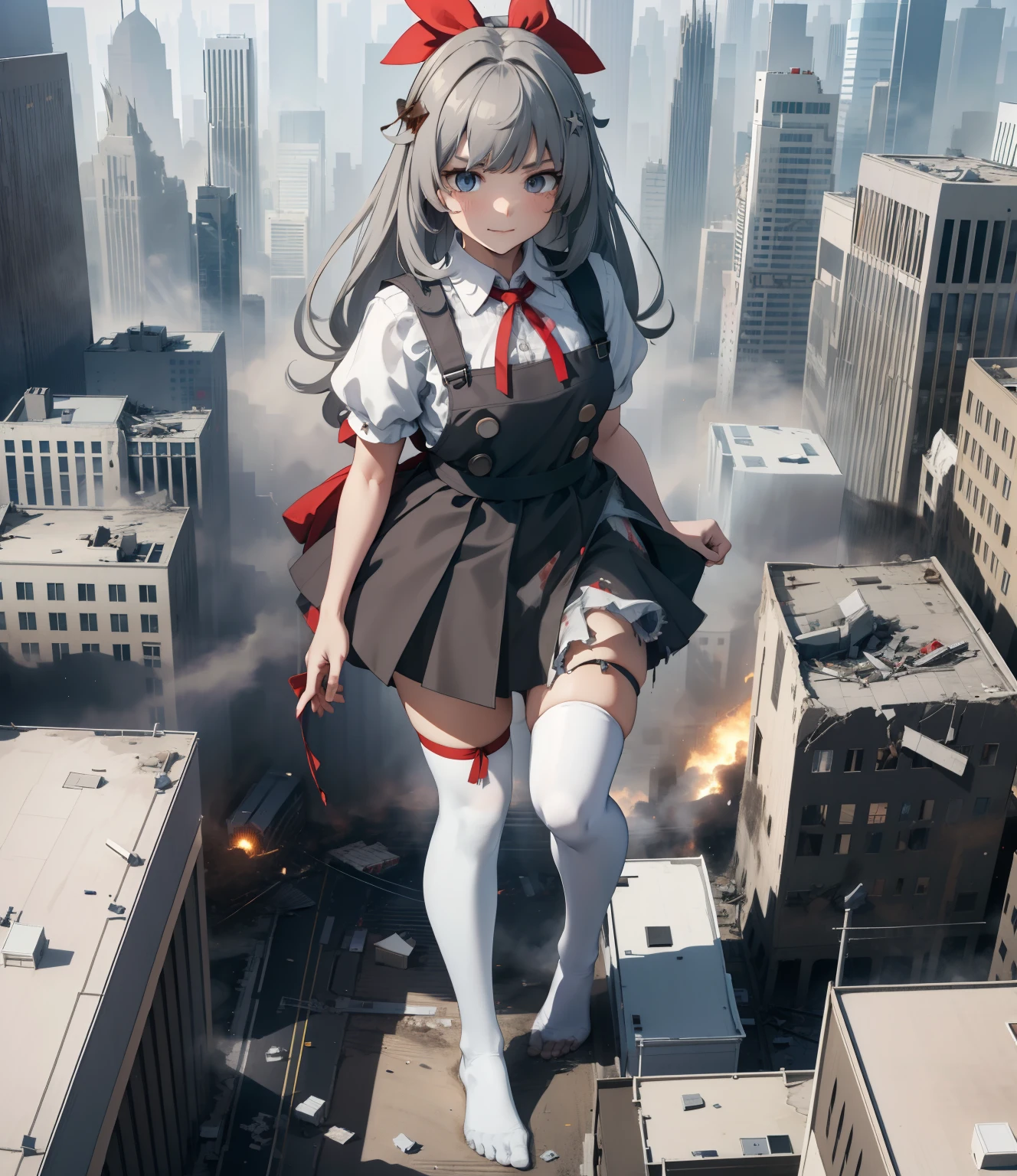 Masterpiece, Best quality, A high resolution, Sumir1, shairband, Long hair, Solo, white thighhighs, school uniform, Red ribbon, Neck ribbon, grey dress, Blunt bangs, pinafore dress, White shirt, Short sleeves, Collared shirt, Large breasts, suns rays, flare lens,park,
in a destroyed city, (GTS), macro, Aerial view, From_above, ((rampage)), ((disrupt)), Giantess, (A high resolution), absurderes, Best quality, ((full_Body:1.3)), footprints, faces_peeping at the viewer, Wide_Shot, Small building at the bottom of the frame, Bloody soles of feet, blood stain, fake smile, Smug, Fragmentation, Explosion, military vehicle,  standing