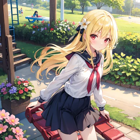 One girl with blonde hair and red eyes、Fluffy clothes、Sunlight、flower  field、Play on playground equipment in the park