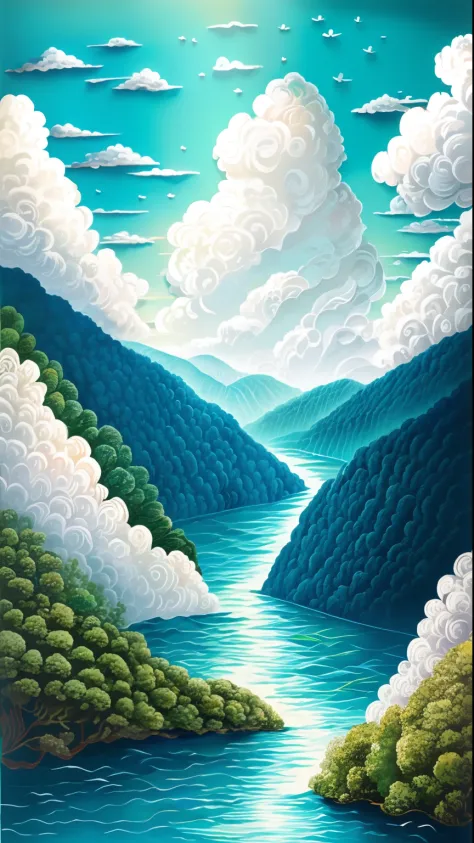 paper art，with blue sky and white clouds，Green Mountains and Green Water，terraced，