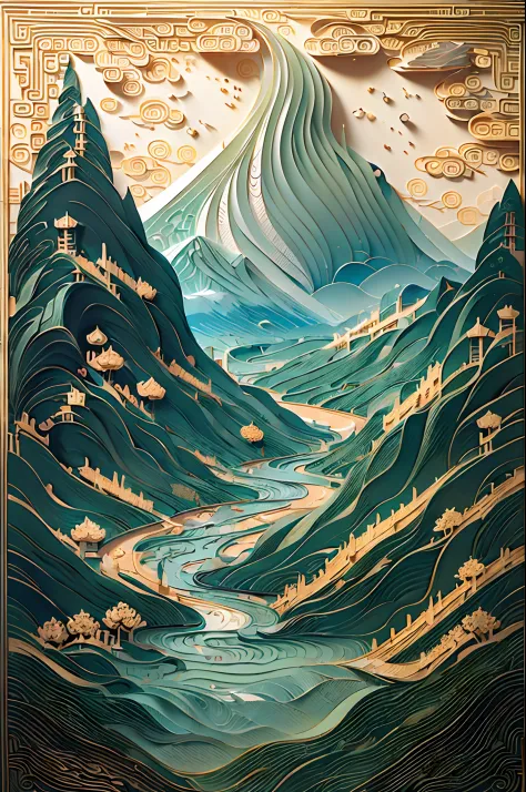 (Ancient Chinese landscapes:1.4)，(illustration:1.3，paper art:1.3, Quilted paper art:1.2),( reasonable design, Clear lines,Best quality, Masterpiece, movie light effect, 4K )