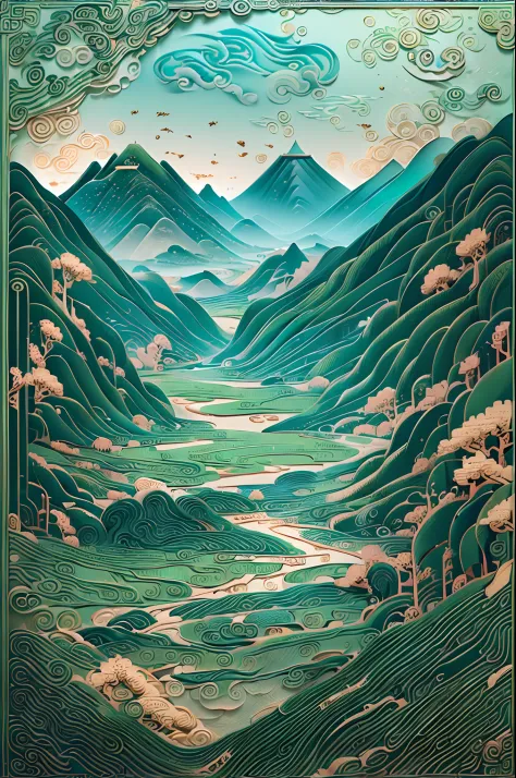 (Ancient Chinese landscapes:1.4)，(illustration:1.3，paper art:1.3, Quilted paper art:1.2),( reasonable design, Clear lines,Best quality, Masterpiece, movie light effect, 4K )
