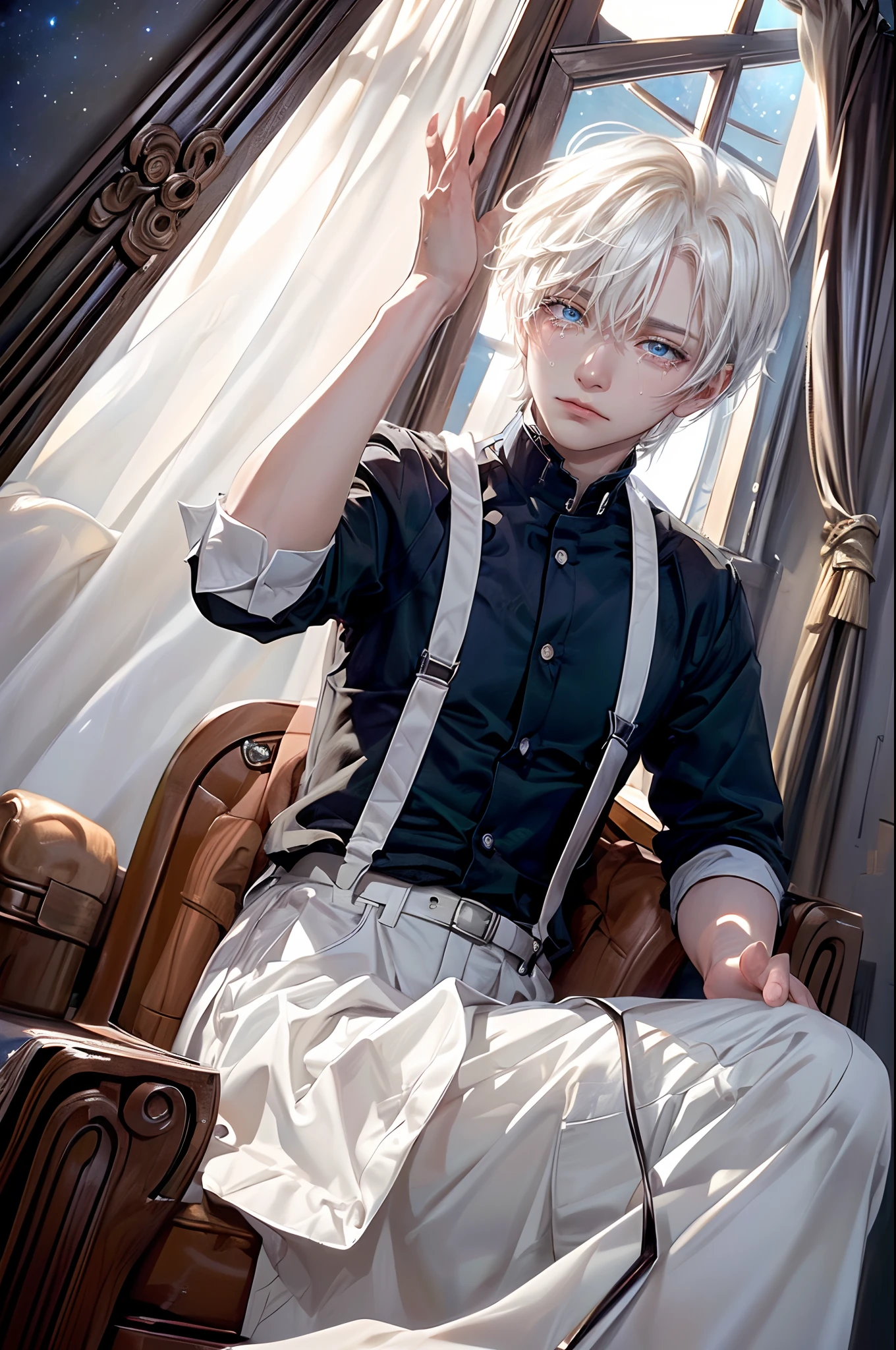 ((4K works))、​masterpiece、(top-quality)、One beautiful boy、Slim body、tall、((Black Y-shirt and white pants、Charming British knight style))、Please wear one jacket、(Detailed beautiful eyes)、Fantastic Night、((You can see the starry sky from the window))、Fantastic room at midnight、((Face similar to Carly Rae Jepsen))、((Short-haired white hair))、((Smaller face))、((Neutral face))、((Bright blue eyes))、((American adult male))、((Adult male 26 years old))、((Cool Men))、((Like a celebrity))、((Crying expression))、((sad look))、((Korean Makeup))、((elongated and sharp eyes))、((Happy dating))、((boyish))、((Upper body photography))、Professional Photos、((Shot alone))、((Shot from his front))、((Gentle expression))、((He is in front of the viewer))、((He comforts me))、((He's in the corner of the room))、((He reaches out here))、Solitude、saddened、desolate、suffocating、heartbreaking、auw、agony、