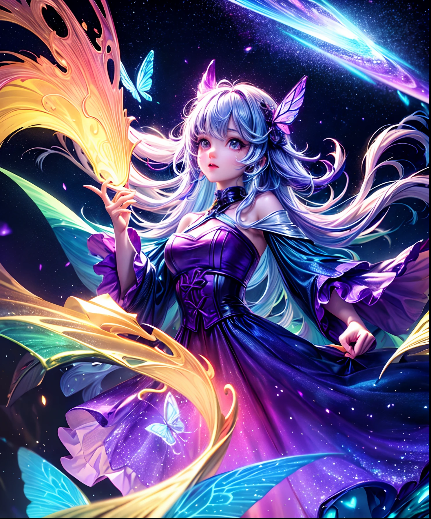 Cute iridescent round monster in space、Iridescent grass々Drawing a butterfly flying above, Looking up at the starry sky. Surround her with colorful nebulae and colorful forests. Colorful night view