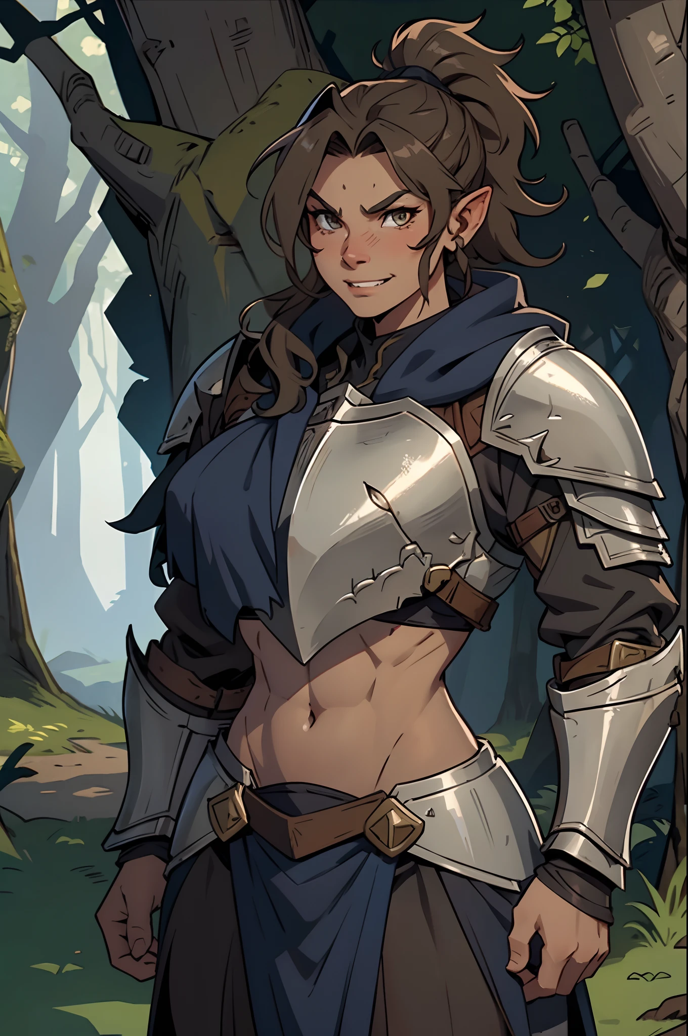 Solo, orc, girl, standing, muscular, (tusks, underbite), forest, teeth, ((armor, chestpiece, knight)), thick lips, smirking, tan skin, ponytail, messy hair, wavy hair, abs, navy cloak