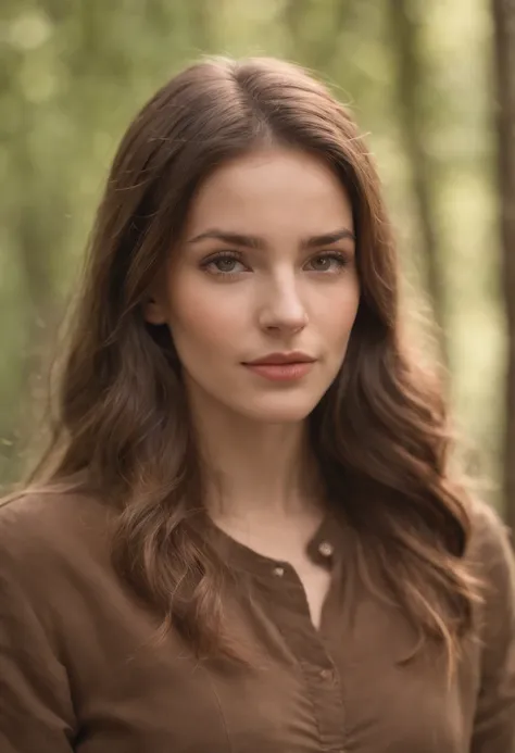 A woman with long brown hair and a brown top in a forest - SeaArt AI