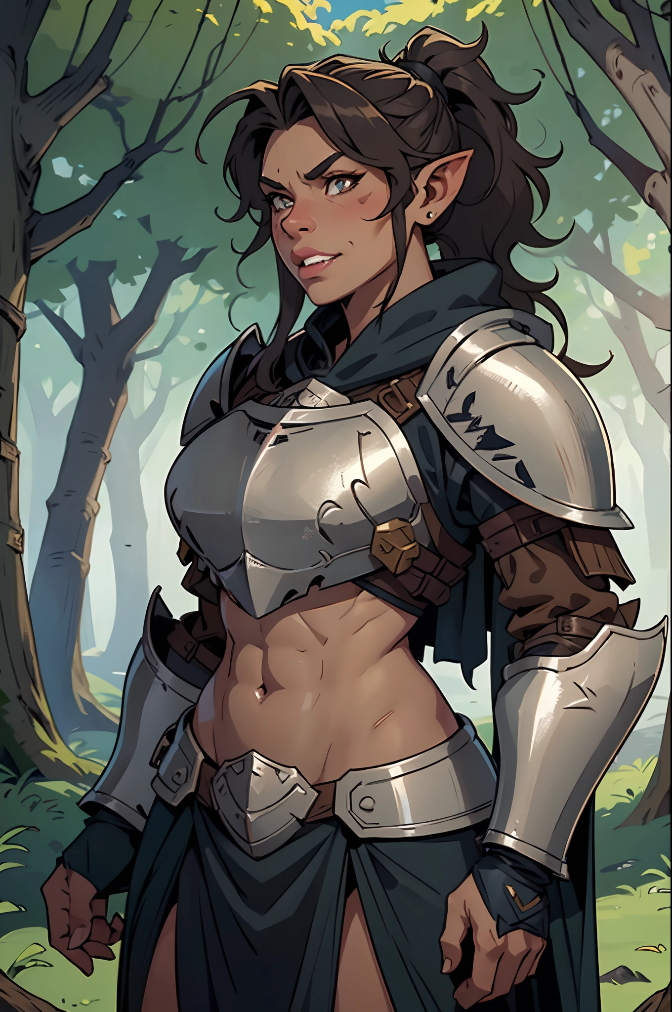 Solo, orc, girl, standing, muscular, (tusks, underbite), forest, teeth, ((armor, chestpiece, knight)), (big lips, thick lips), smirking, tan skin, ponytail, messy hair, wavy hair, abs, navy cloak