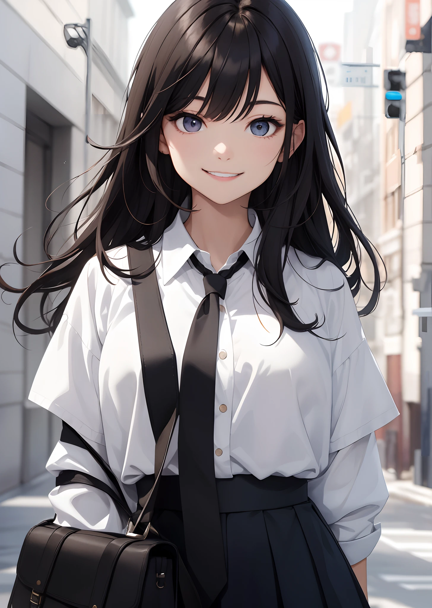 Anime girl with long black hair and blue eyes in a white shirt and ...