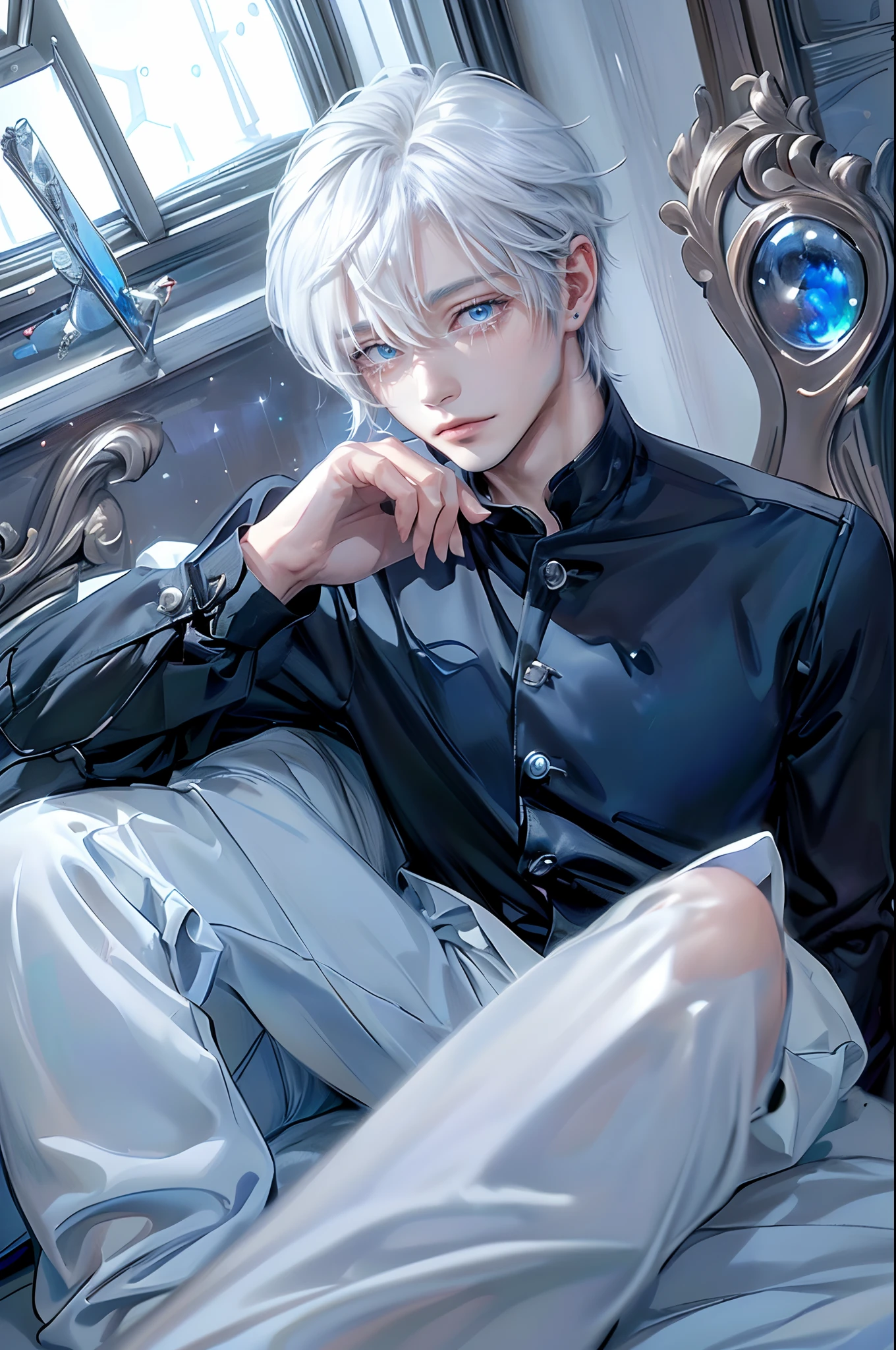((4K works))、​masterpiece、(top-quality)、One beautiful boy、Slim body、tall、((Black Y-shirt and white pants、Charming British knight style))、Please wear one jacket、(Detailed beautiful eyes)、Fantastic Night、((You can see the starry sky from the window))、Fantastic room at midnight、((Face similar to Carly Rae Jepsen))、((Short-haired white hair))、((Smaller face))、((Neutral face))、((Bright blue eyes))、((American adult male))、((Adult male 26 years old))、((Cool Men))、((Like a celebrity))、((Gentle look))、((Korean Makeup))、((elongated and sharp eyes))、((Happy dating))、((boyish))、((Upper body photography))、Professional Photos、((Shot alone))、((Shot from his front))、((Gentle expression))、((He is in front of the viewer))、((He comforts me))、((He's in the corner of the room))、((He reaches out here))、((He wipes my tears away))、Solitude、suffocating