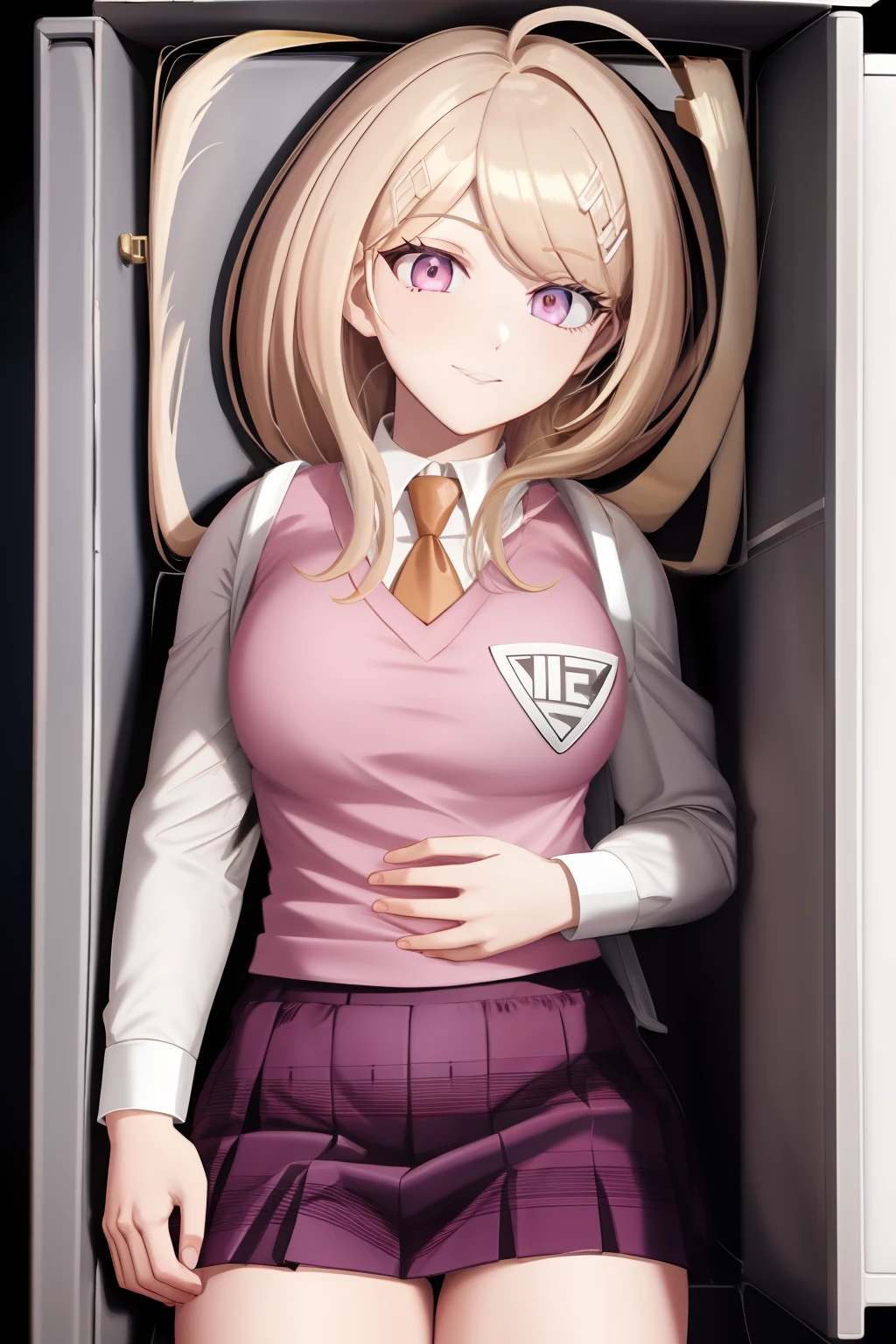 Anime girl in uniform standing in open door with purple eyes - SeaArt AI