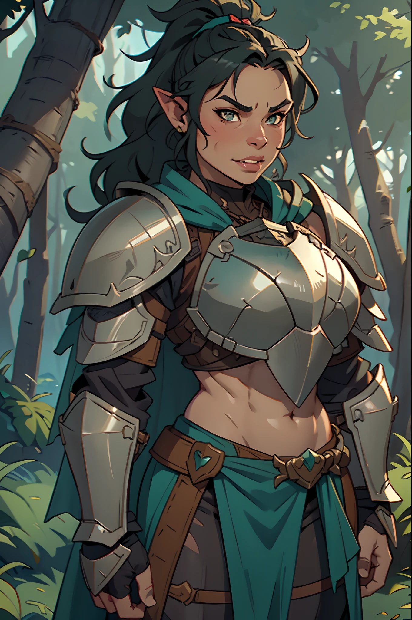 Solo, orc, girl, standing, muscular, (tusks, underbite), forest, teeth, ((armor, chestpiece, knight)), (big lips, thick lips), smirking, tan skin, ponytail, messy hair, wavy hair, abs, teal cloak