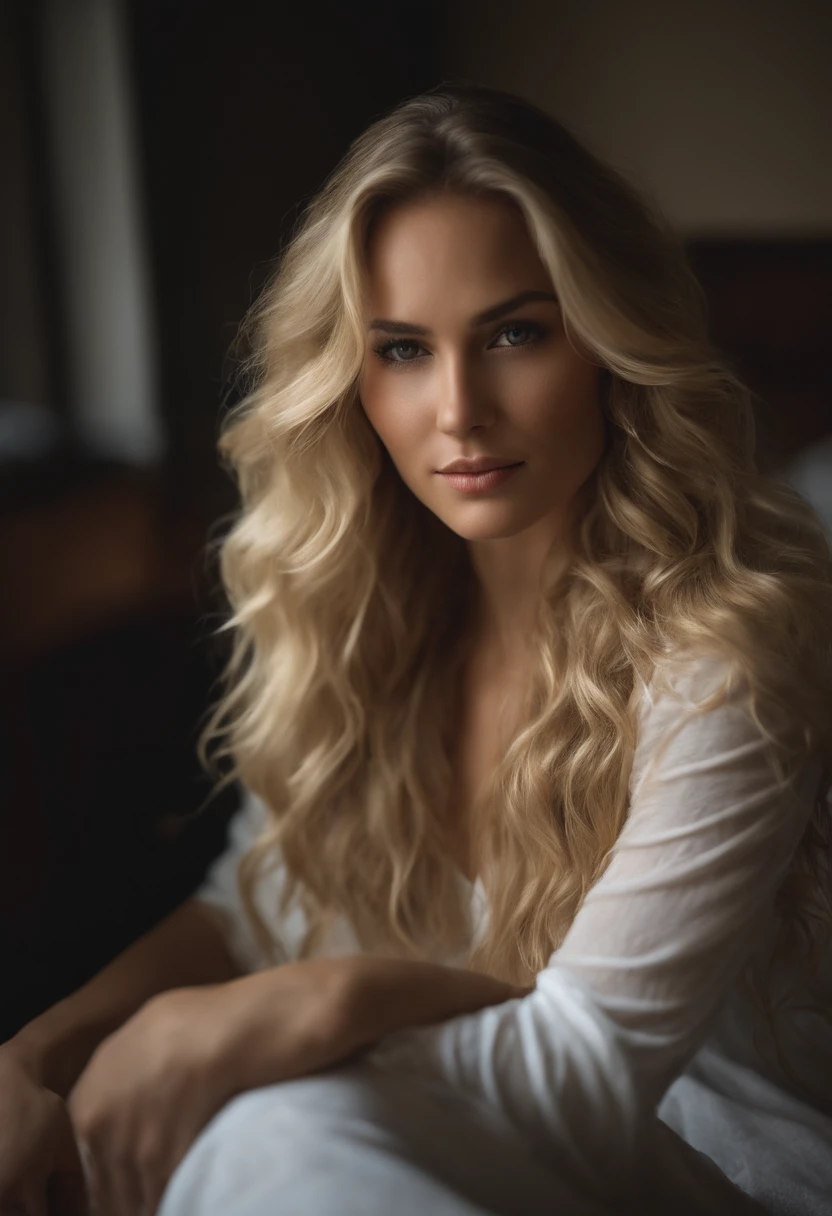 Photo of a 25-year old American Gile, raw, beautiful woman (long wavy blonde hair),((Portrait)),((Detailed face: 1.2)), ((detailed face feature)), (finely detailed skin, bedroom environment, sitting in bed, photographed in a Canon EOS RA5, 50mm Lens, f/2.8, nffsw, (8k), (Cinematic lighting)