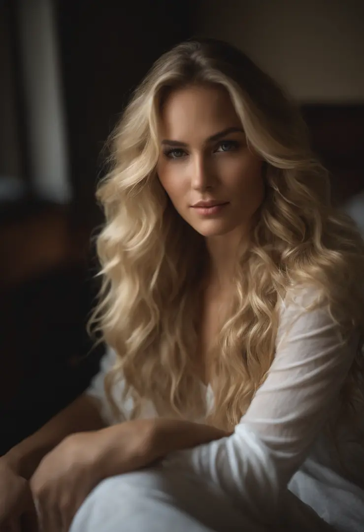 Photo of a 25-year old American Gile, raw, beautiful woman (long wavy blonde hair),((Portrait)),((Detailed face: 1.2)), ((detailed face feature)), (finely detailed skin, bedroom environment, sitting in bed, photographed in a Canon EOS RA5, 50mm Lens, f/2.8...