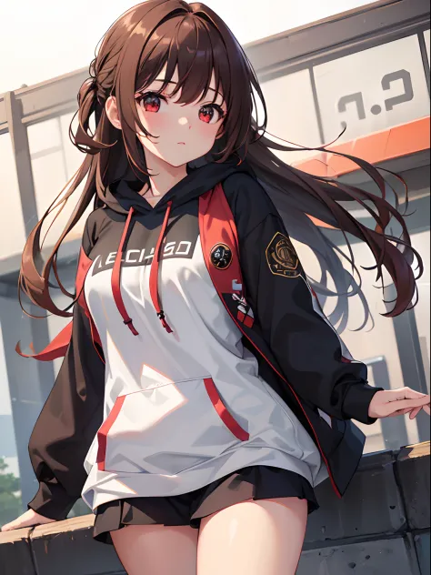 ((4K, ​master piece, Best Quality)), 1girl in, Light brown SHRT hair, Red Eyes, center parted hair, medium breasts⁩, Cute, blush, oversize hoodie