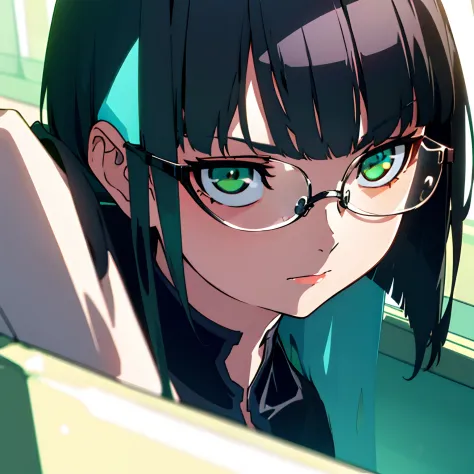 green eyes girl glasses black hair