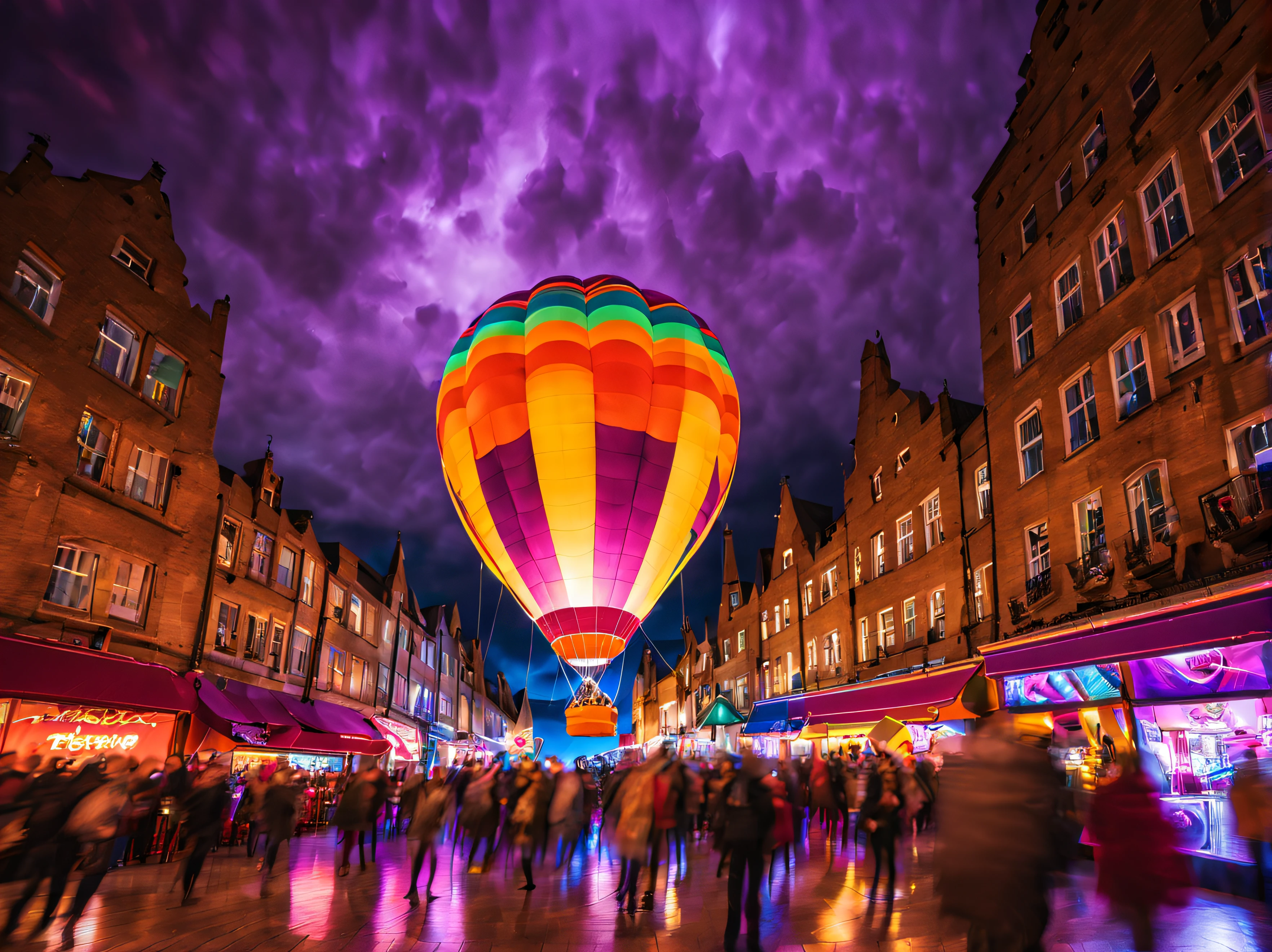 a multicoloured neon lit hot air balloon is taking off from a central city plaza at night, colourful reflections on the wet floor, purple storm clouds, an audience watching in the distance, neon lit shops, burner flames lighting up the inside of the balloon