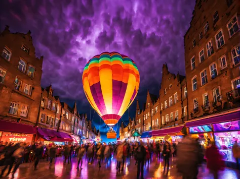 a multicoloured neon lit hot air balloon is taking off from a central city plaza at night, colourful reflections on the wet floo...