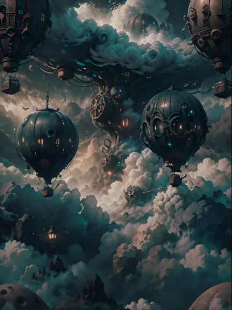 Close shot of a A hot air balloon flying above the clouds, glowing with otherworld energy,HP.lovecraft style, (best quality,4k,8...