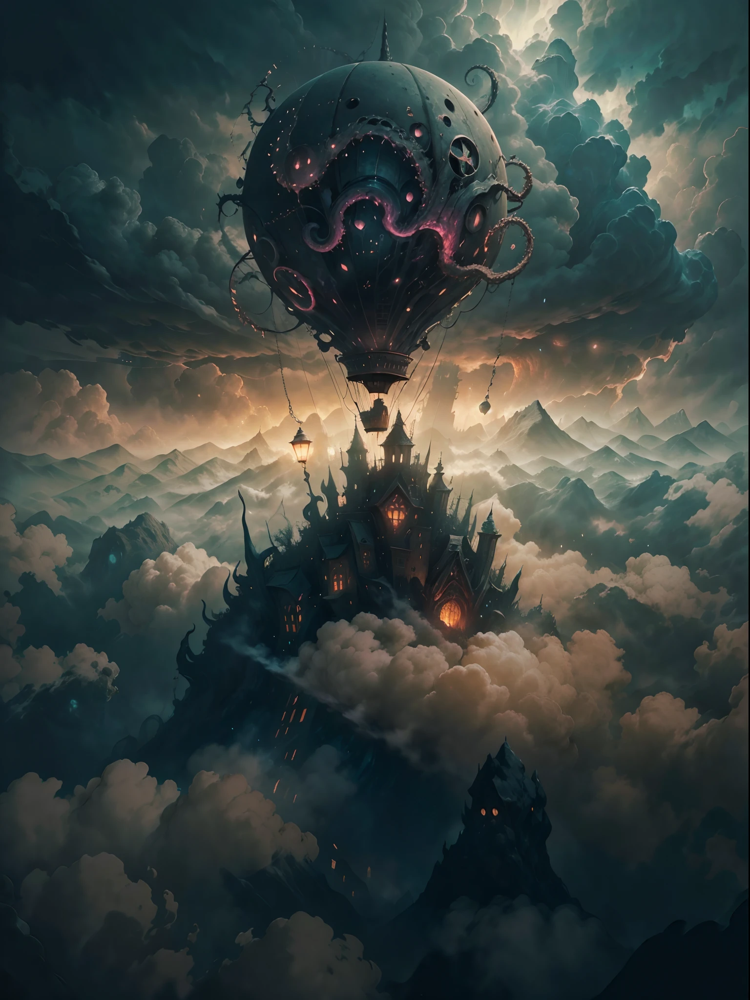 Nahaufnahme eines Heißluftballons, der über den Wolken fliegt, glühend vor überirdischer Energie,HP.Lovecraft-Stil, (beste Qualität,4k,8k,highres,Meisterwerk:1.2), ultra-detailliert, Realistisch:1.37, surreale, traumhafte Atmosphäre, unheimliche Beleuchtung, bedrohliche Schatten, Wirbelnder Nebel, gotische Ästhetik, alter kosmischer Horror, außerweltliche Wesen, Tentakeln, die aus den Wolken auftauchen, unheimliche Symbole, mysteriöse Artefakte, geheimnisvolles Licht erhellt die Szene, dunkle und düstere Farben, starke Kontraste, unvergesslich schöne Landschaft, immense scale, Vorahnung von Unbehagen.