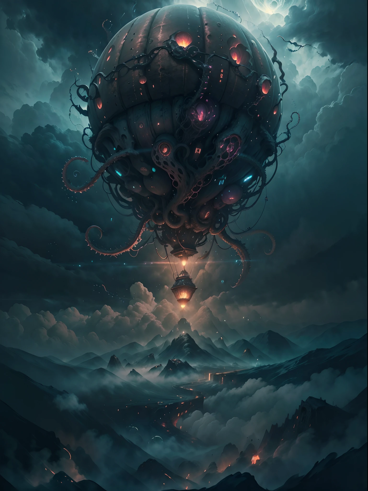 Nahaufnahme eines Heißluftballons, der über den Wolken fliegt, glühend vor überirdischer Energie,HP.Lovecraft-Stil, (beste Qualität,4k,8k,highres,Meisterwerk:1.2), ultra-detailliert, Realistisch:1.37, surreale, traumhafte Atmosphäre, unheimliche Beleuchtung, bedrohliche Schatten, Wirbelnder Nebel, gotische Ästhetik, alter kosmischer Horror, außerweltliche Wesen, Tentakeln, die aus den Wolken auftauchen, unheimliche Symbole, mysteriöse Artefakte, geheimnisvolles Licht erhellt die Szene, dunkle und düstere Farben, starke Kontraste, unvergesslich schöne Landschaft, immense scale, Vorahnung von Unbehagen.