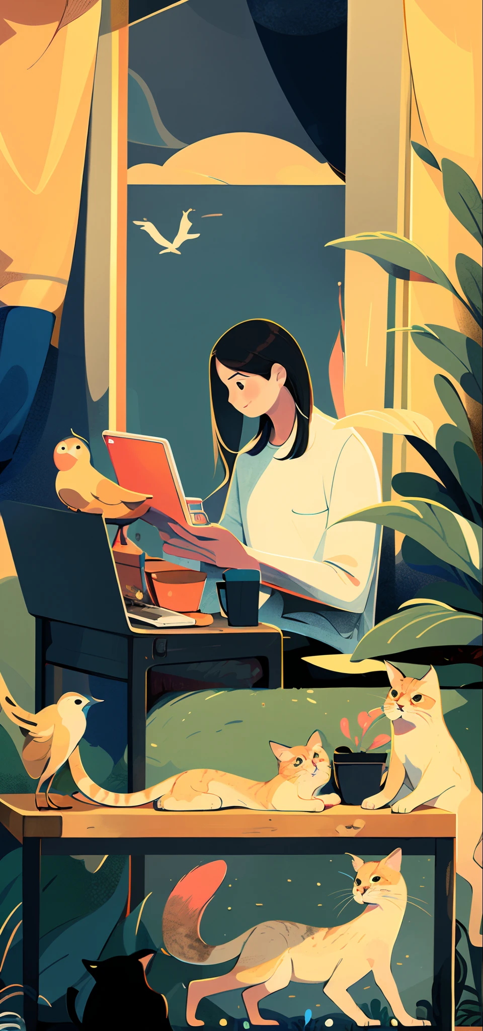 1 女の子,コンピューター， 一人で, 階段, 長い髪, 茶髪, 植物, シャツ, 鳥, 猫