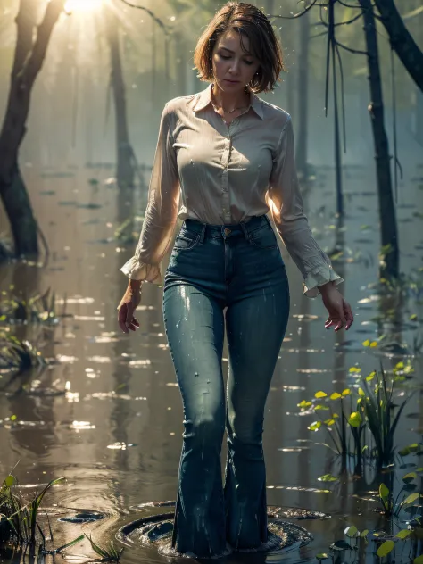 (Wide flares on jeans:1.2), (Clothes are soaked in water), (Best Quality,hight resolution,bokeh:1.2),The woman,Pronounced wrinkl...