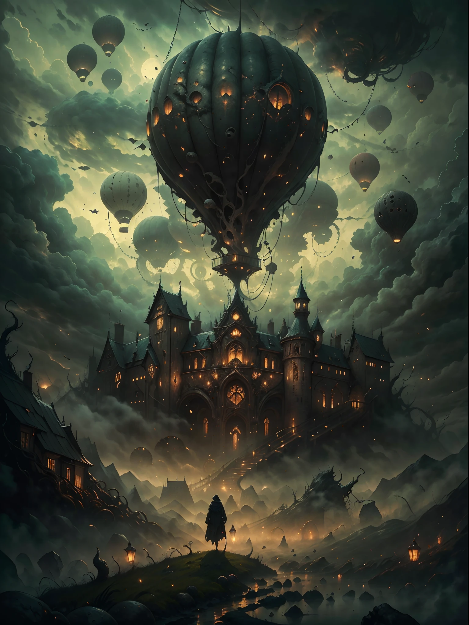 (best quality,highres,masterpiece:1.2),close shot image,giant hot air balloon,(HP.lovecraft style),(vivid colors,dark and mysterious atmosphere),ominous tentacles,floating in the sky,gloomy clouds,misty background,eerie lighting,lovecraftian details,elaborate design,attention to fine details,highly-detailed textures,menacing presence,otherworldly,unearthly landscape,disturbing beauty,intense atmosphere,magical realism,subtle surrealism,ethereal feeling,nostalgic elements,unusual perspective,dark fantasy,gothic horror elements,hauntingly beautiful composition,whimsical yet foreboding ambiance,labyrinthine structures,mysterious symbols,shadows and silhouettes,majestic and intimidating,awe-inspiring,grandiose scale,awe-inducing,sublime and surreal,spellbinding,mesmerizing and evocative.