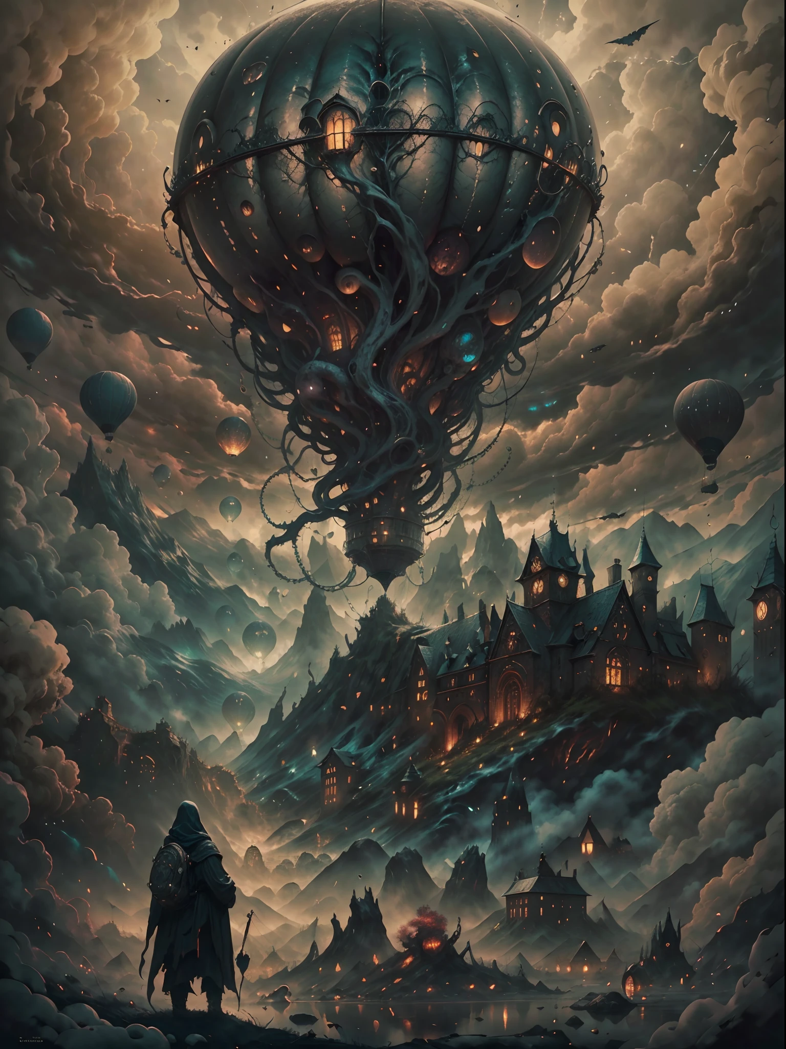 (best quality,highres,masterpiece:1.2),close shot image,giant hot air balloon,(HP.lovecraft style),(vivid colors,dark and mysterious atmosphere),ominous tentacles,floating in the sky,gloomy clouds,misty background,eerie lighting,lovecraftian details,elaborate design,attention to fine details,highly-detailed textures,menacing presence,otherworldly,unearthly landscape,disturbing beauty,intense atmosphere,magical realism,subtle surrealism,ethereal feeling,nostalgic elements,unusual perspective,dark fantasy,gothic horror elements,hauntingly beautiful composition,whimsical yet foreboding ambiance,labyrinthine structures,mysterious symbols,shadows and silhouettes,majestic and intimidating,awe-inspiring,grandiose scale,awe-inducing,sublime and surreal,spellbinding,mesmerizing and evocative.