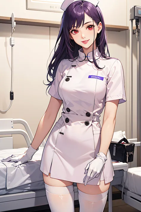 1woman, solo, nurse, nurse cap, white wear, ((white legwear, zettai ryouiki)), white gloves, long hair, purple hair, red eyes, p...