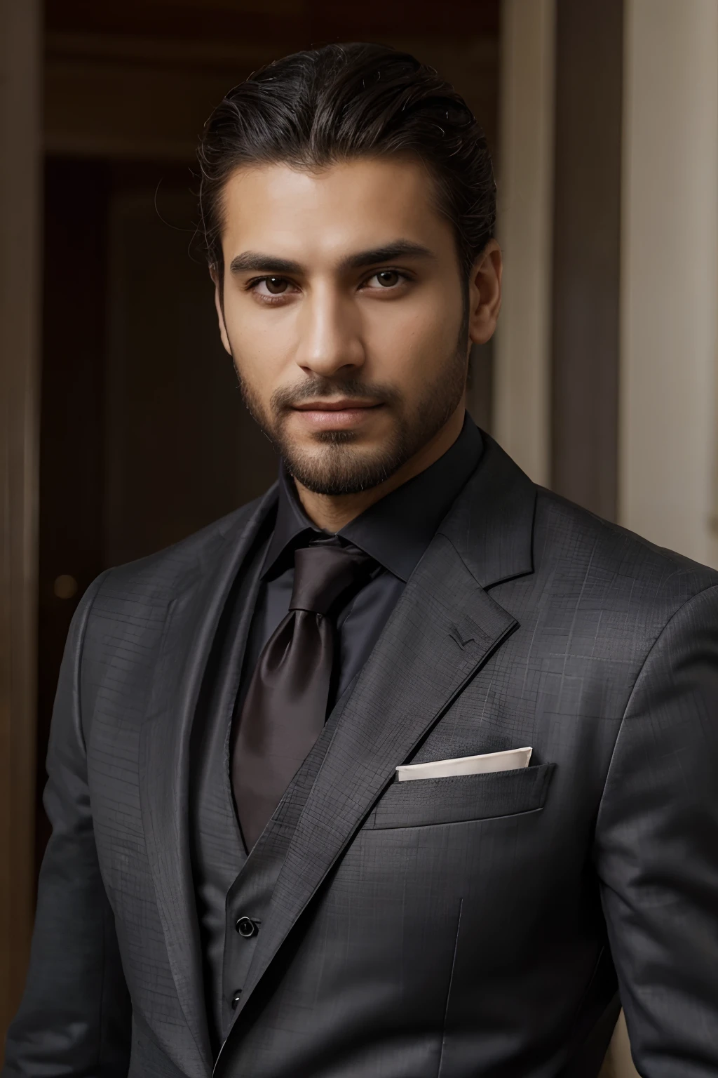 (Best quality,high resolucion:1.2),photo-realistic,professionnel,Detailed portrait of a well-dressed Arab man in a suit,expression confiante,look suave,cheveux long,sharp jawline,sharp eyes,Long trimmed beard,[Contexte moderne],[LinkedIn Style Background],Costume et cravate,Highly detailed facial features,Sourire distinctif,Regard attrayant,adequate lighting,palette de couleurs neutres,ombres subtiles,Mise au point nette,Great attention to clothing details,Impeccable presentation,Limited depth of field,Accentuated textures,Motifs de tissus fins,Slim fit,Sophisticated style behavior.