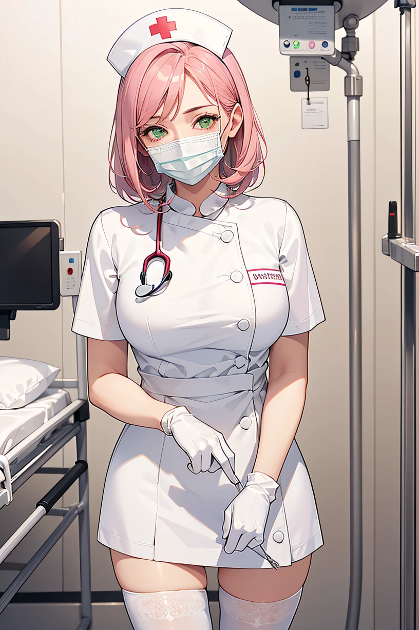 1woman, solo, nurse, nurse cap, white wear, ((white legwear, zettai ryouiki)), white gloves, pink hair, green eyes, drooping eyes, ((white surgical mask, covered nose)), standing, ((hospital room)), sharp outline, short sleeves, mature female, 32 years old, best quality, masterpiece