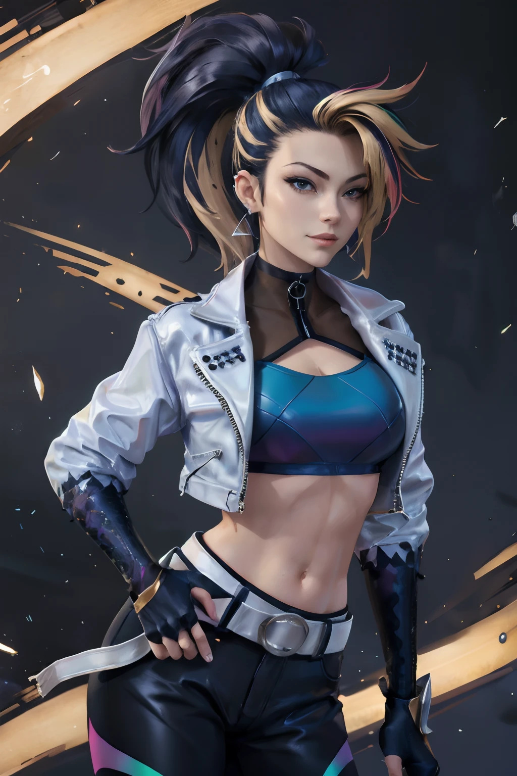 masterpiece, best quality, highres, akali, 1girl, k/da \(league of legends\), solo, (black hair:1.1), blonde hair, (multicolored hair:1.1), jewelry, fingerless gloves, cropped jacket, midriff, earrings, two-tone hair, open jacket, black gloves, black pants, crop top, blue eyes, belt buckle, ponytail, cowboy shot, evil smile,