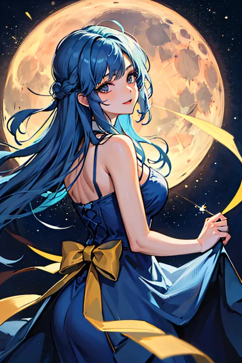 moon, blue light, 1girl, blue hair, blue dress, hero