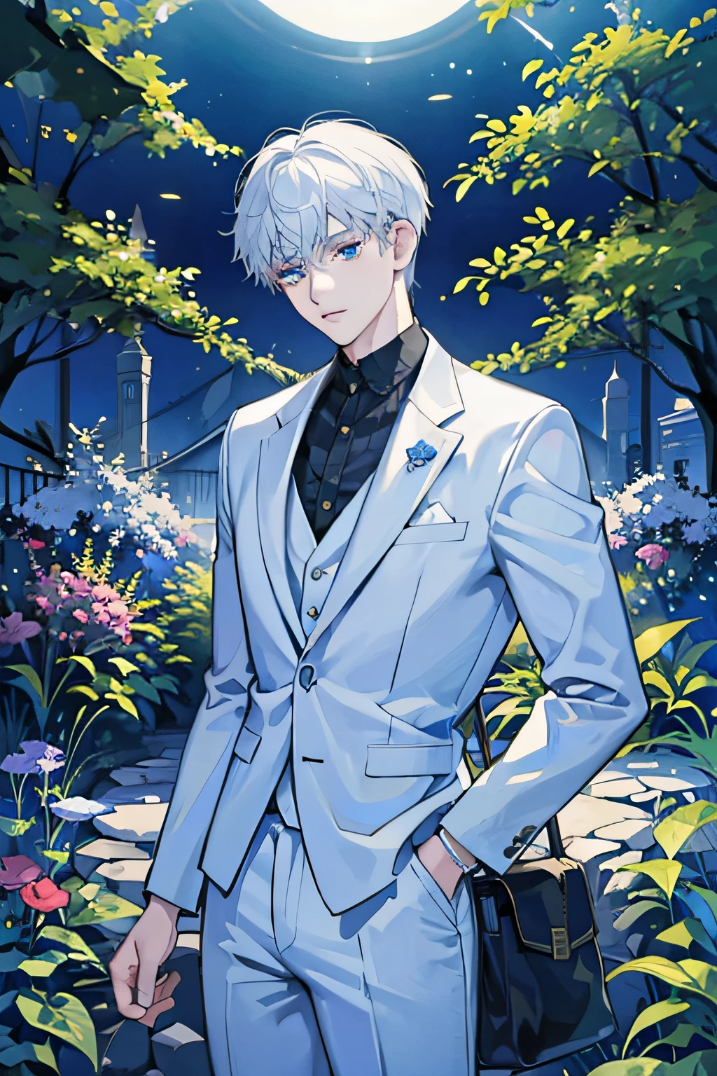 Anime man in a suit standing in a garden with a full moon - SeaArt AI