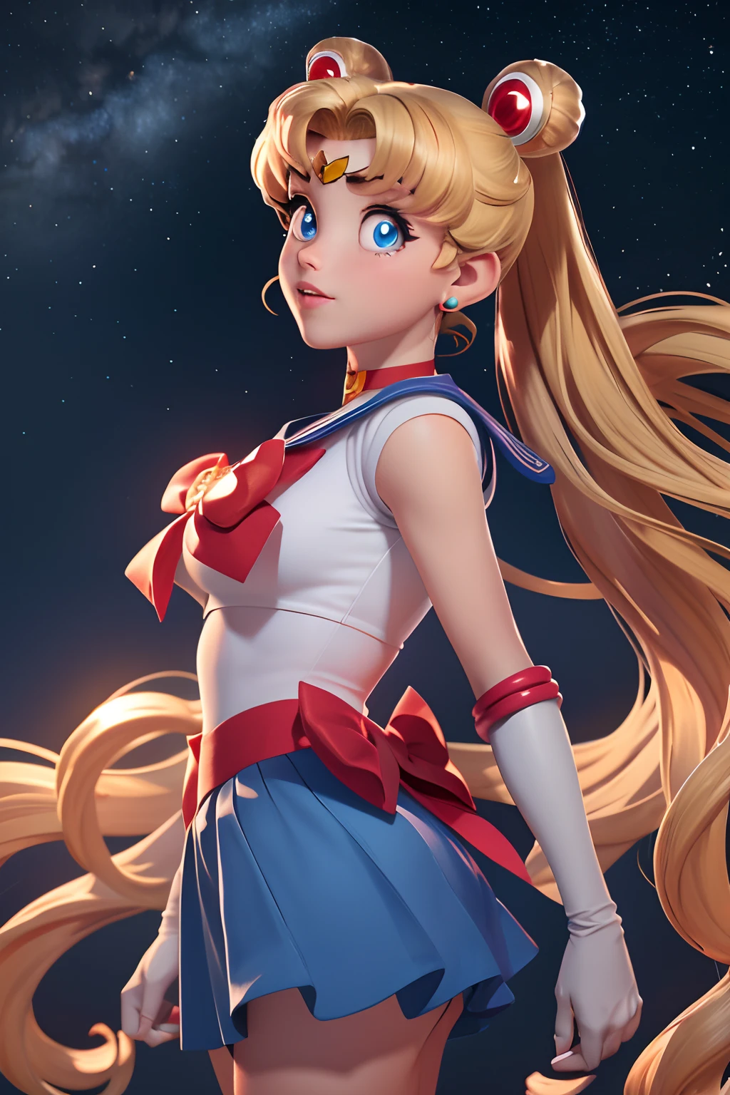 high quality, masterpiece, (realistic, photo-realistic:1.2) ,high definition, ultra detailed, raw photo,fcPortrait, looking at the camera, face up front, eyes to the side, red choker, sailor moon, usagi tsukino, sailor uniform, blue collar, very short skirt, blue skirt, fullbody, 1 girl, solo, floating, long hair, twintails, twin chinese bun, blonde hair, energetic, jumping, looking up, front side, cinematic, wallpaper, big eyes, blue pupils, kawaii, super cute, pretty, gorgeous, jewelry, night sky, starry sky, perfect face, perfect skin, crescent moon in her forehead, earrings, hairpins, red bow on chest, red bow on waist