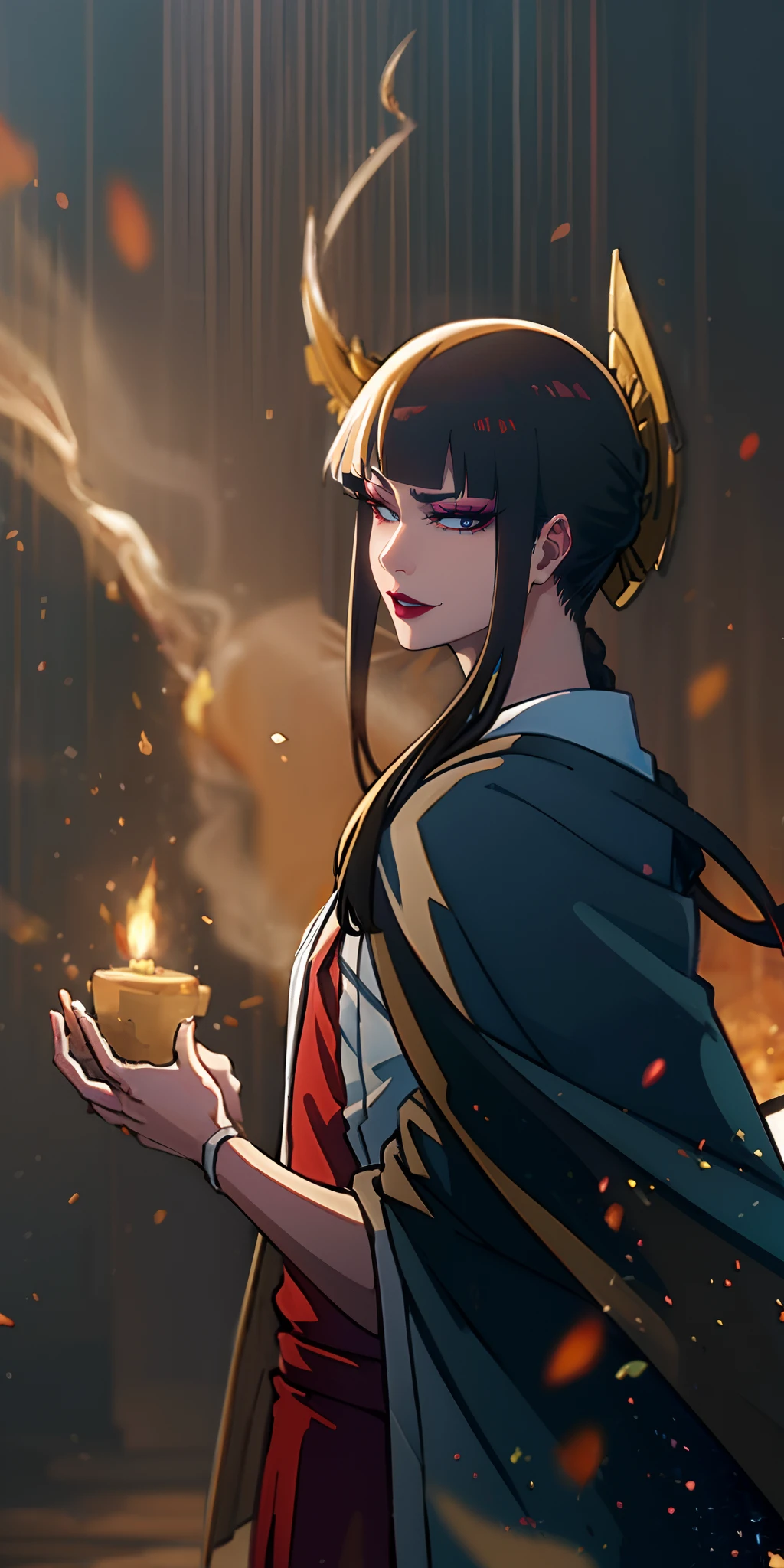 senjumaru shutara, (long hair, bangs, blunt bangs, black hair, sidelocks:1.5), (black eyes:1.5), makeup, lipstick, red lipstick, sweating, glowing eyes, heavy breathing, female focus, braid, 1girl, breasts, solo, fire, looking_at_viewer, large_breasts, single_braid, candle, cape, dress, cleavage, indoors, circlet, light_particles, cloak, "Photorealistic, Hyperrealistic, Hyperdetailed, analog style, soft lighting, subsurface scattering, realistic, heavy shadow, masterpiece, best quality, ultra realistic, 8k, golden ratio, Intricate, High Detail, film photography, soft focus", anime coloring, anime screencap, sweating, steaming body, fog