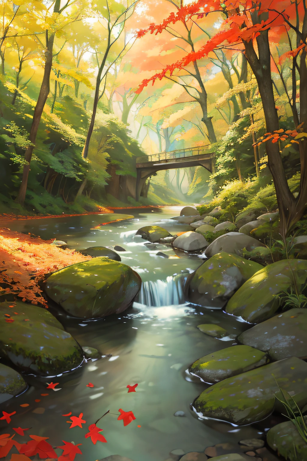 森 小川 川 精霊 美しい光 葉 自然の美しさ 不思議 魔法 赤い葉 黄色い葉 緑の森 光の効果 神秘的な雰囲気 水面 川の岩 影 構成 異世界の体験