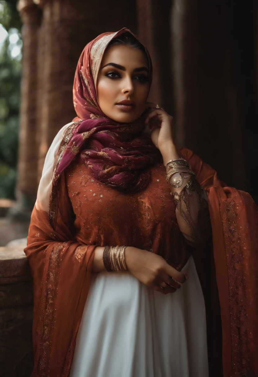 A woman wearing a red and white dress and a red shawl - SeaArt AI