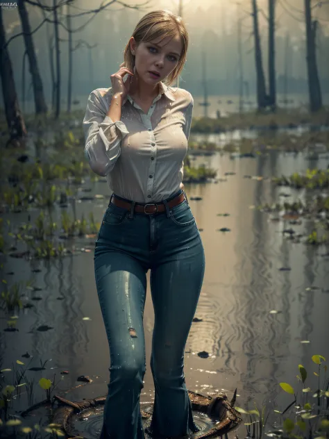 (Wide flares on jeans:1.2), (wet clothing, Clothes stick to the body), (Best Quality,hight resolution,bokeh:1.2),The woman,Prono...